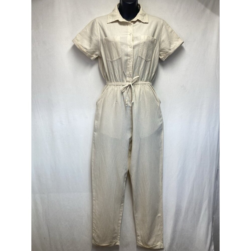 Jessica Simpson Linen Collared Short Sleeve Button Up Jumpsuit Women Small Beige